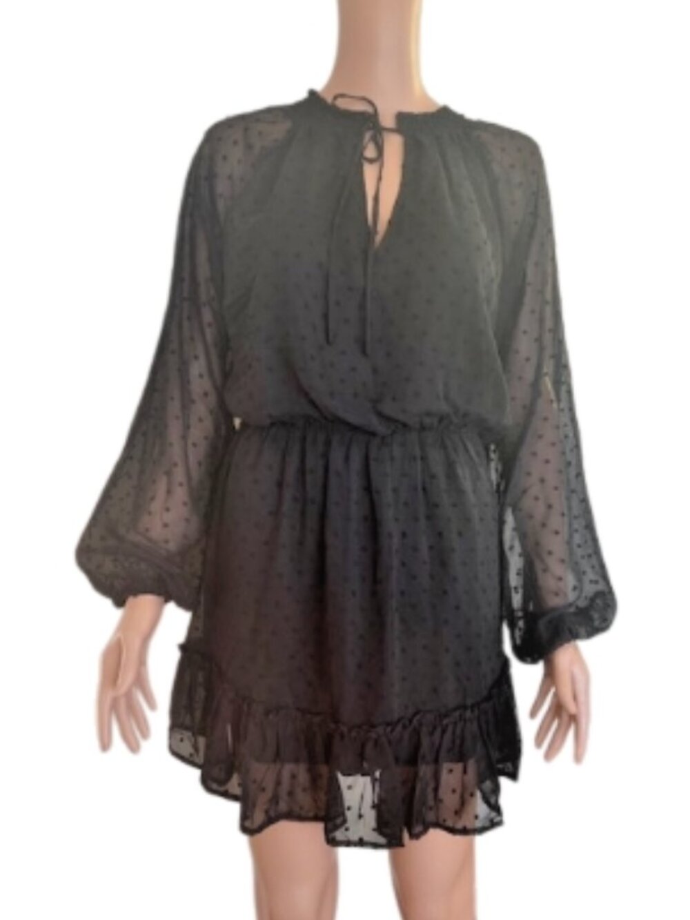 Blue Rain Black Swiss Dot Size Small Mini Sheer Long Sleeve Dress    *NWT*